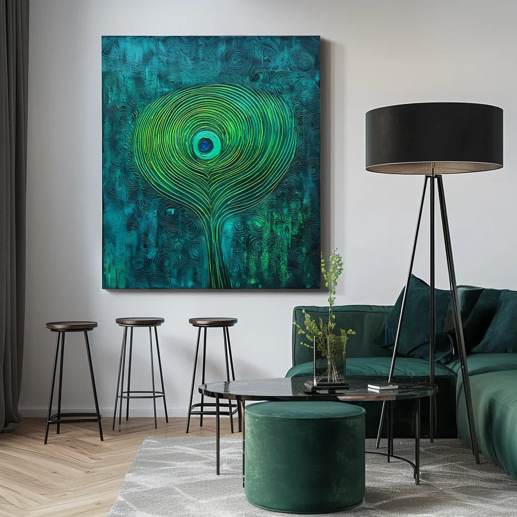 Mystic Whorl Canvas-Modern Abstract Blue-Green Gradient Peacock Feather Wall Art - artextured