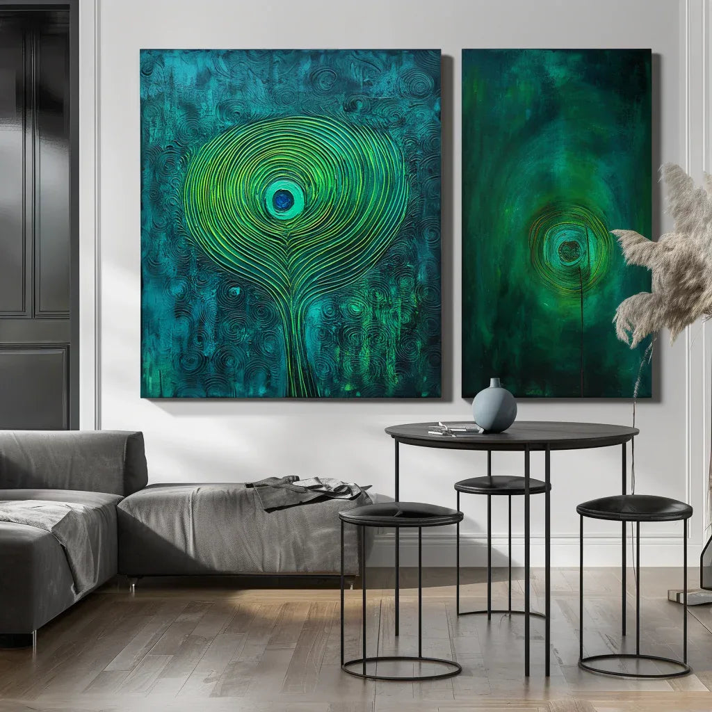 Mystic Whorl Canvas-Modern Abstract Blue-Green Gradient Peacock Feather Wall Art - artextured