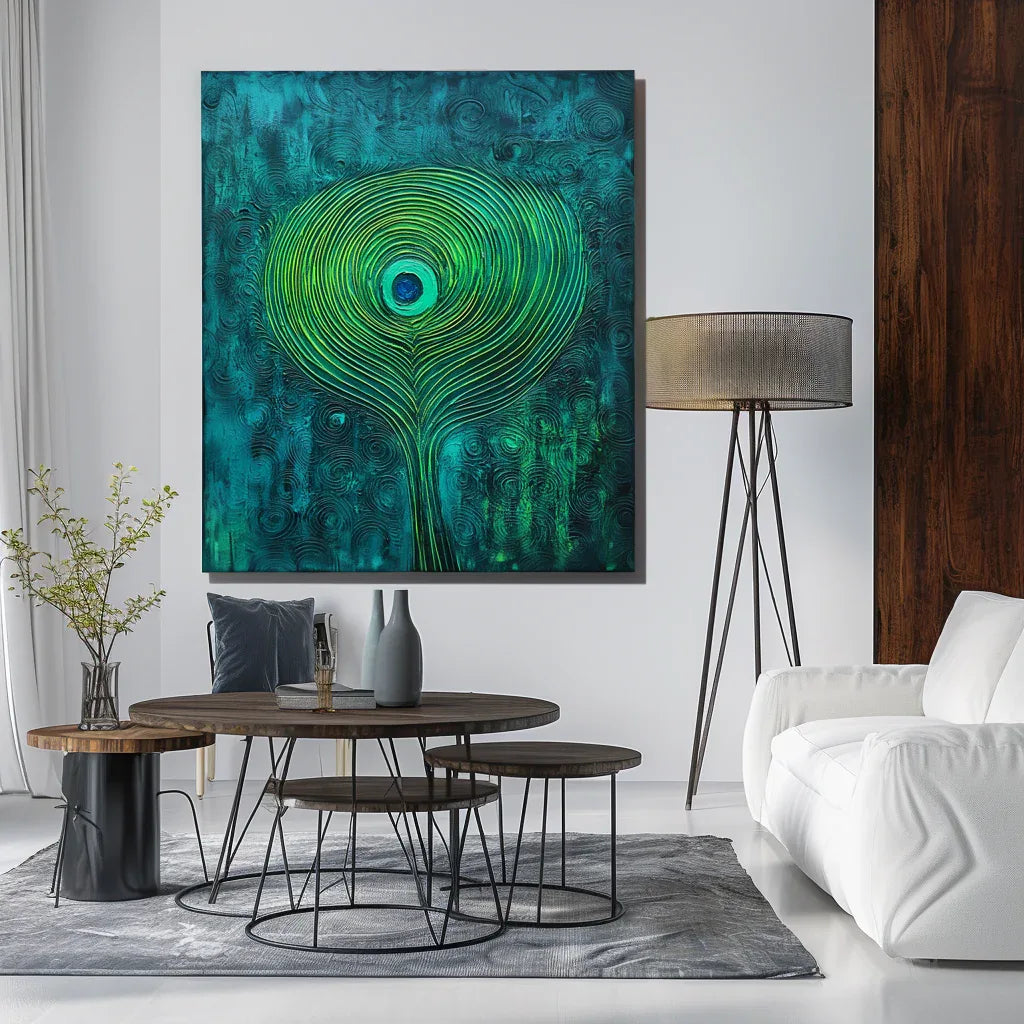 Mystic Whorl Canvas-Modern Abstract Blue-Green Gradient Peacock Feather Wall Art - artextured