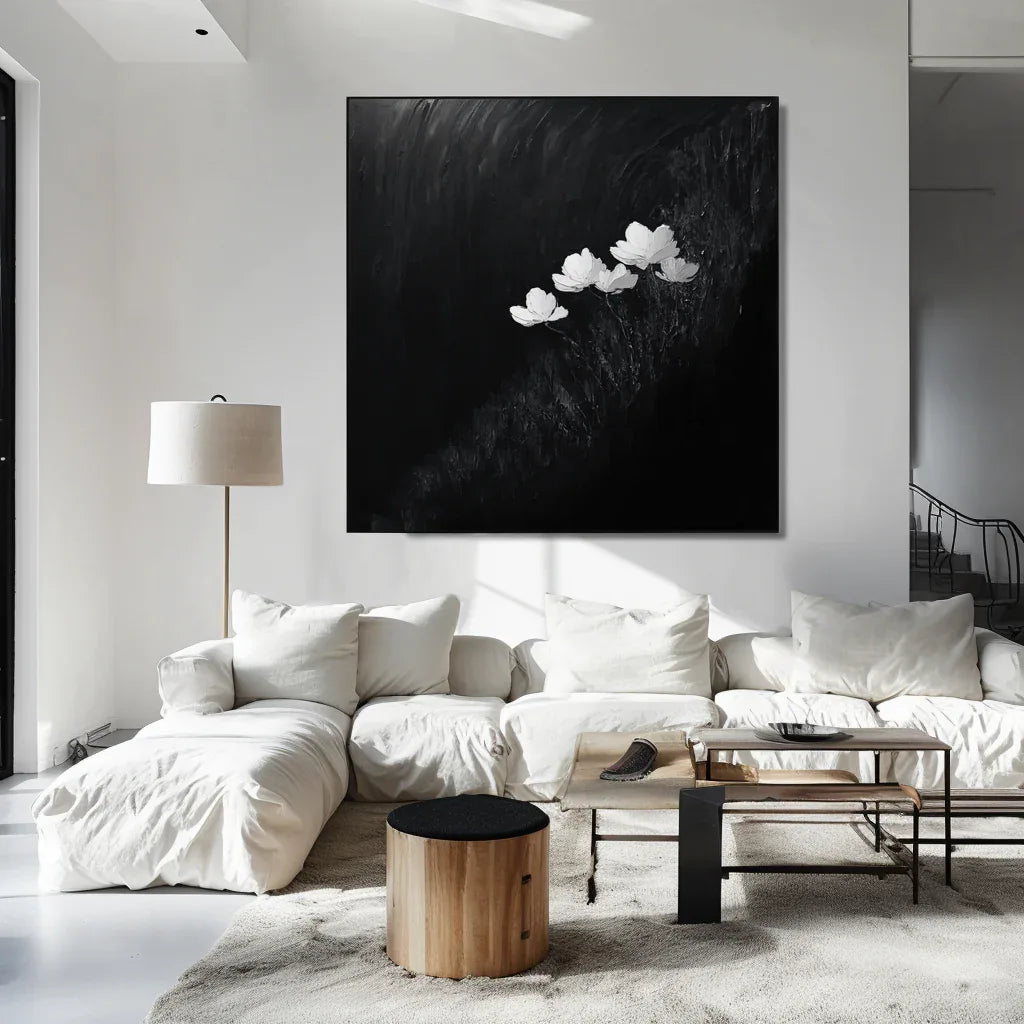 Bloom in Darkness Canvas-Minimalist Black and White Thick Painting Abstract Wall Art - artextured