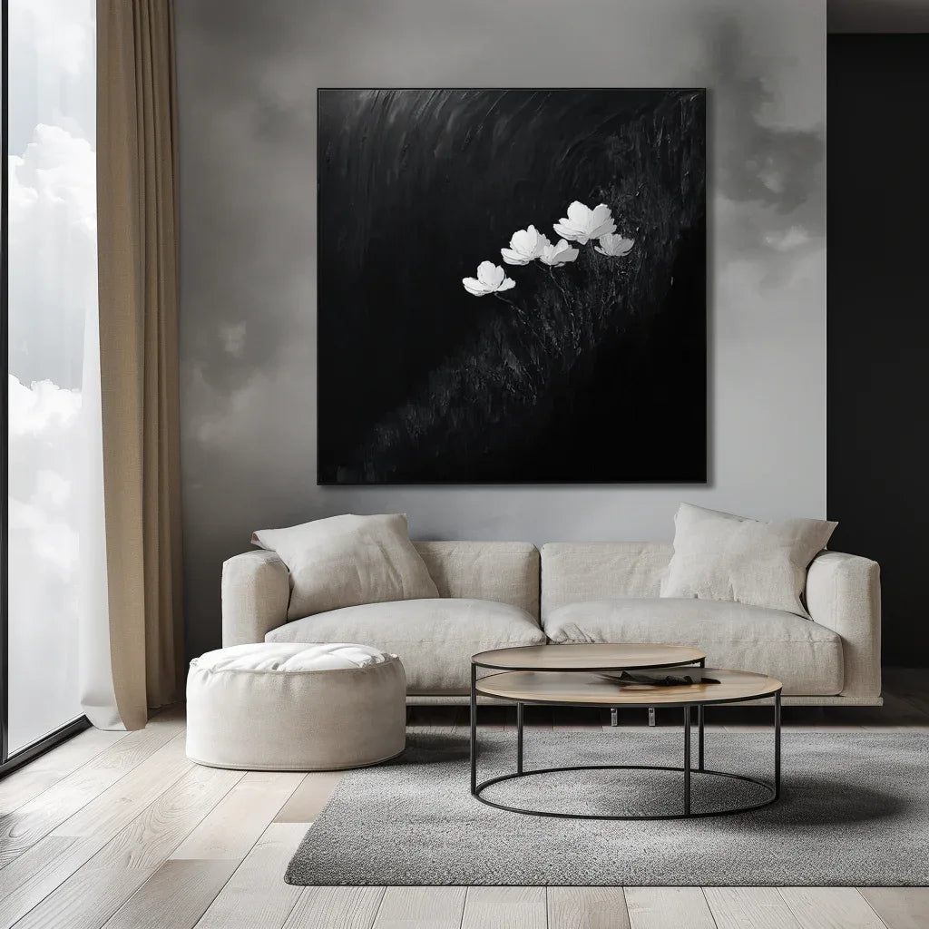 Bloom in Darkness Canvas-Minimalist Black and White Thick Painting Abstract Wall Art - artextured
