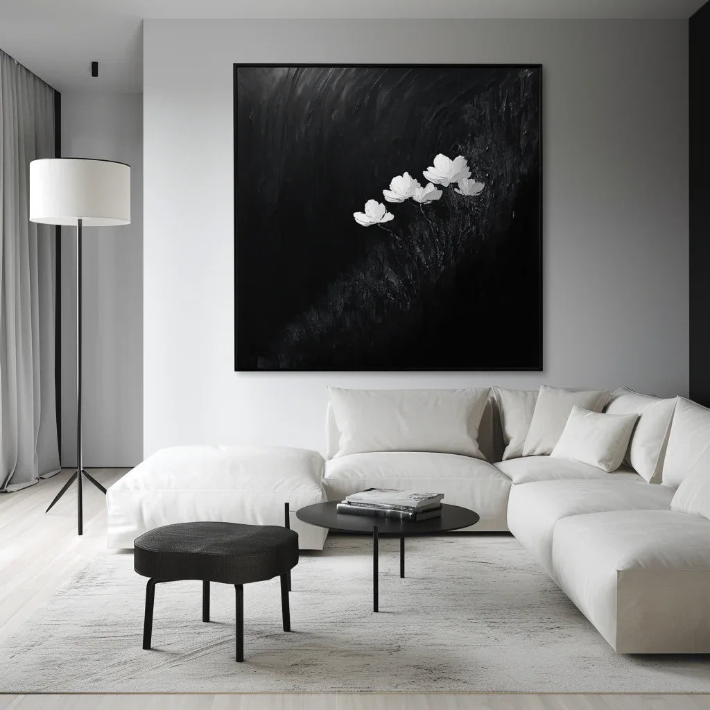 Bloom in Darkness Canvas-Minimalist Black and White Thick Painting Abstract Wall Art - artextured