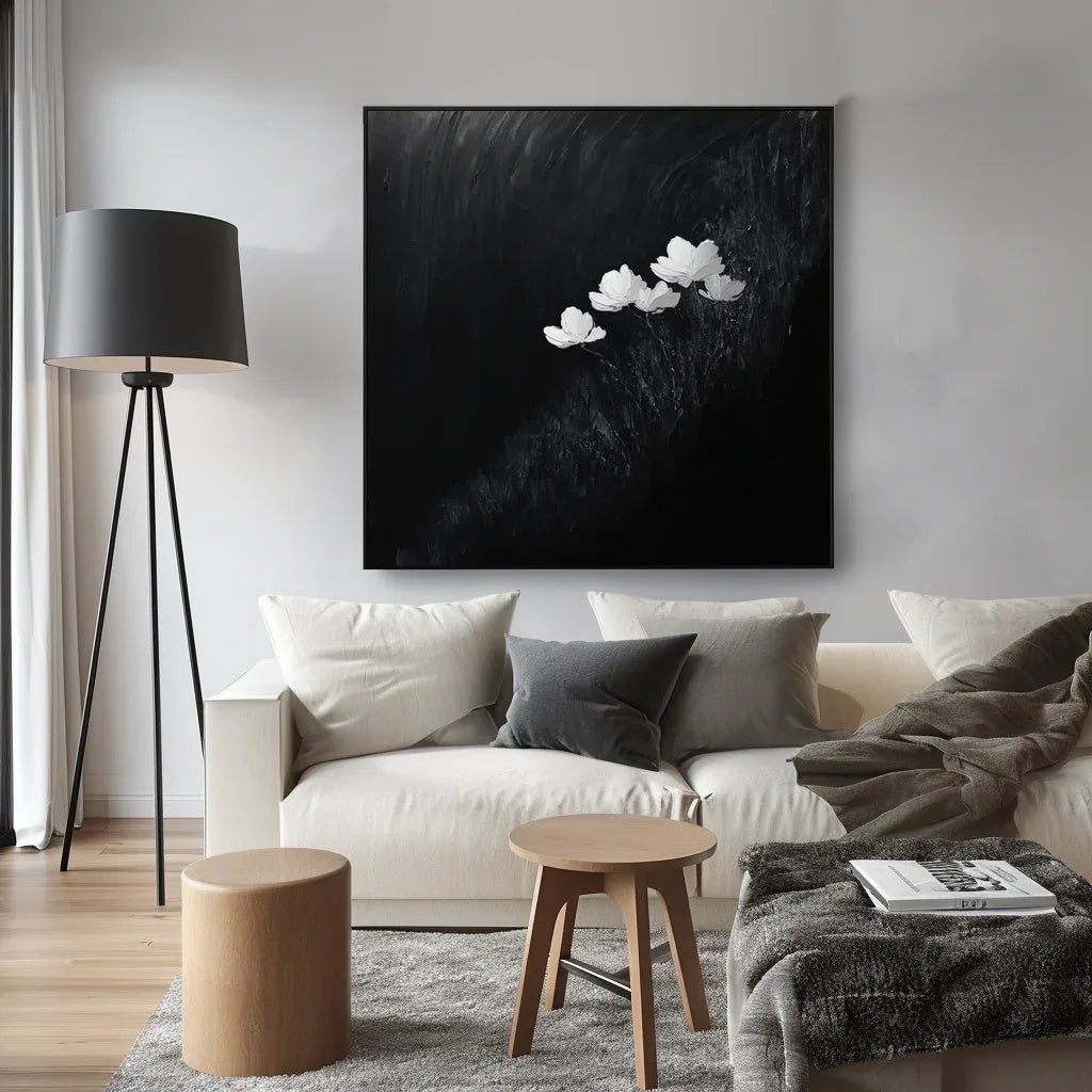 Bloom in Darkness Canvas-Minimalist Black and White Thick Painting Abstract Wall Art - artextured