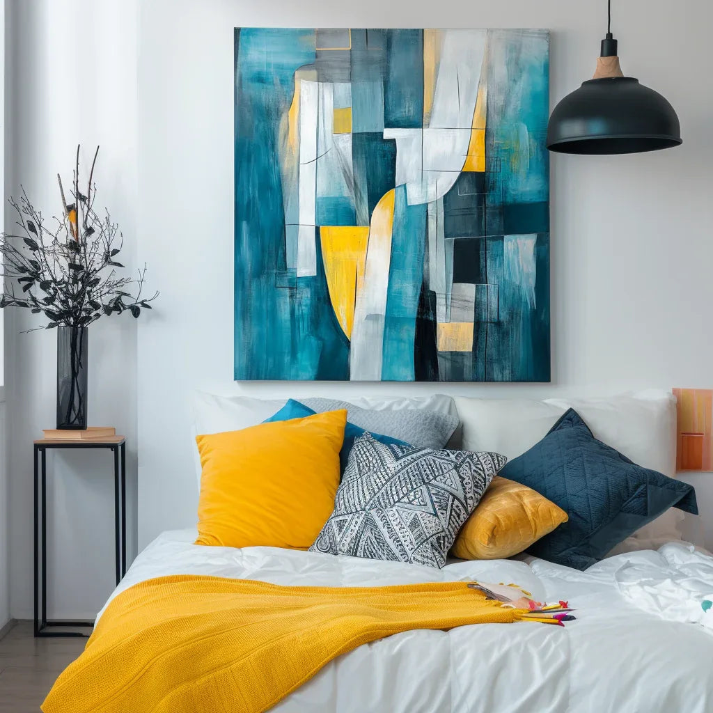 Golden Flow-Modern Interior Decoration Blue and Yellow Geometric Abstract Oil Painting Wall Art - artextured