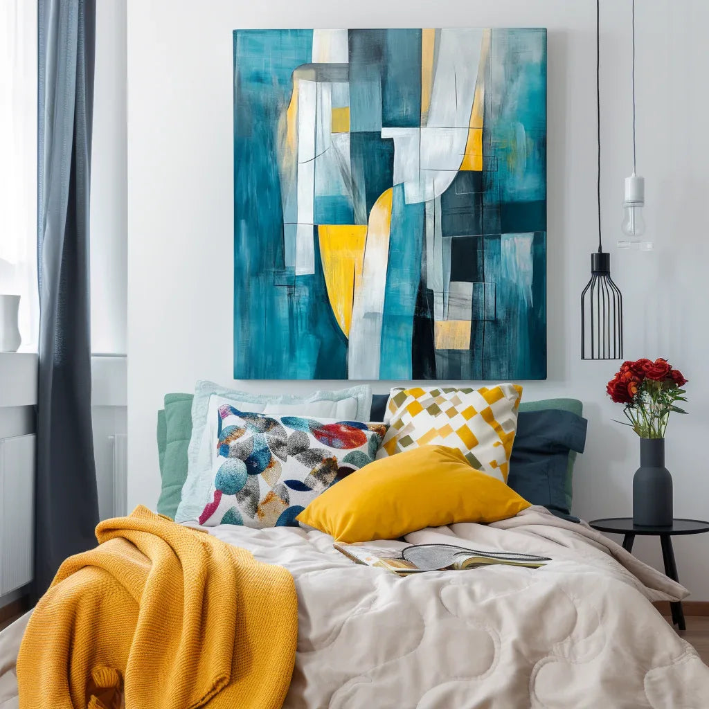 Golden Flow-Modern Interior Decoration Blue and Yellow Geometric Abstract Oil Painting Wall Art - artextured