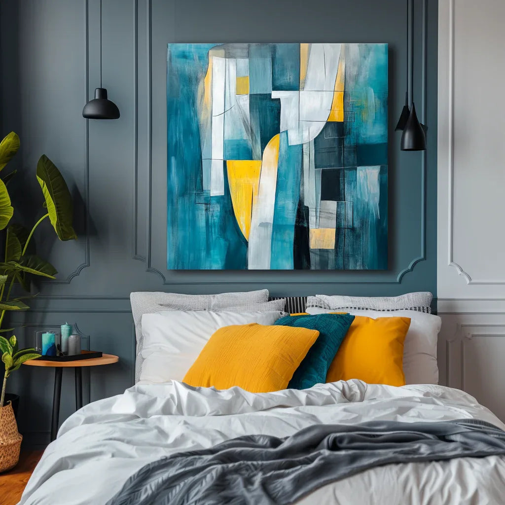 Golden Flow-Modern Interior Decoration Blue and Yellow Geometric Abstract Oil Painting Wall Art - artextured