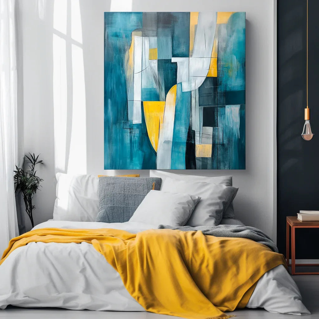 Golden Flow-Modern Interior Decoration Blue and Yellow Geometric Abstract Oil Painting Wall Art - artextured