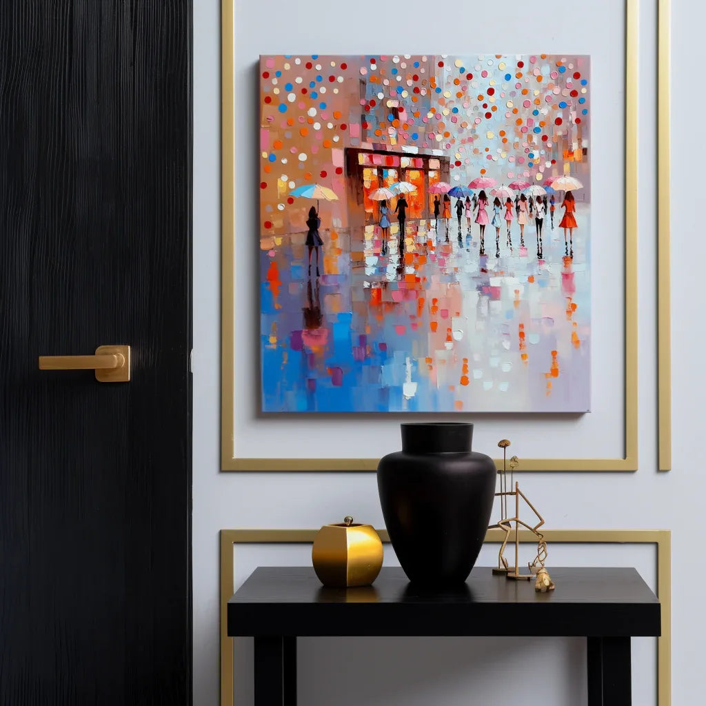 City of Umbrellas art-Colorful Urban Rainy Day Abstract Wall Art - artextured