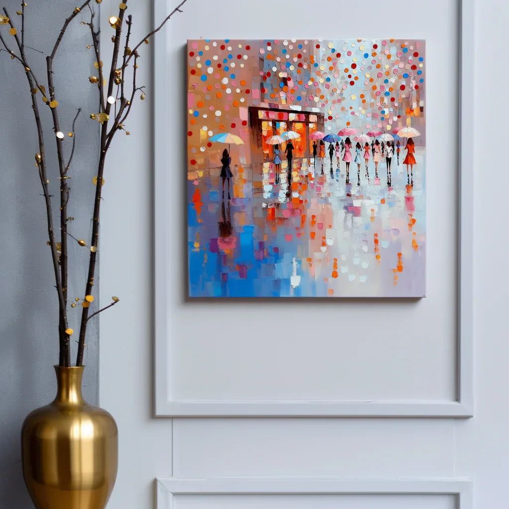 City of Umbrellas art-Colorful Urban Rainy Day Abstract Wall Art - artextured