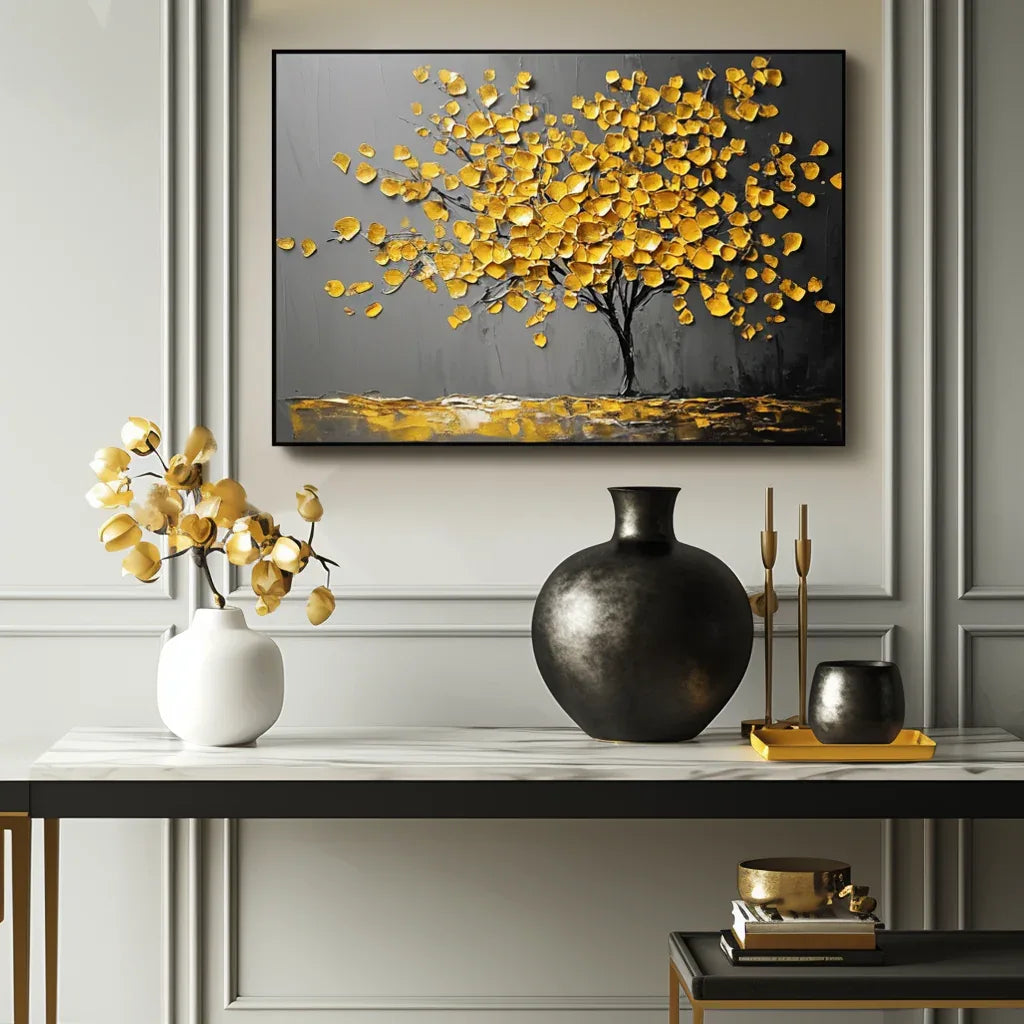 Golden Silence-Modern Hand-Painted Golden Tree of Life Abstract Wall Oil Painting - artextured