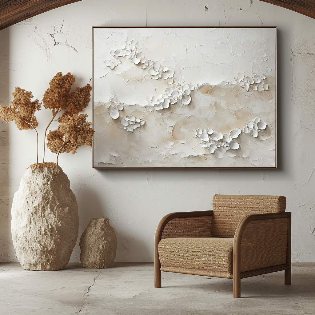 3D flower abstract painting with white textured petals on neutral background