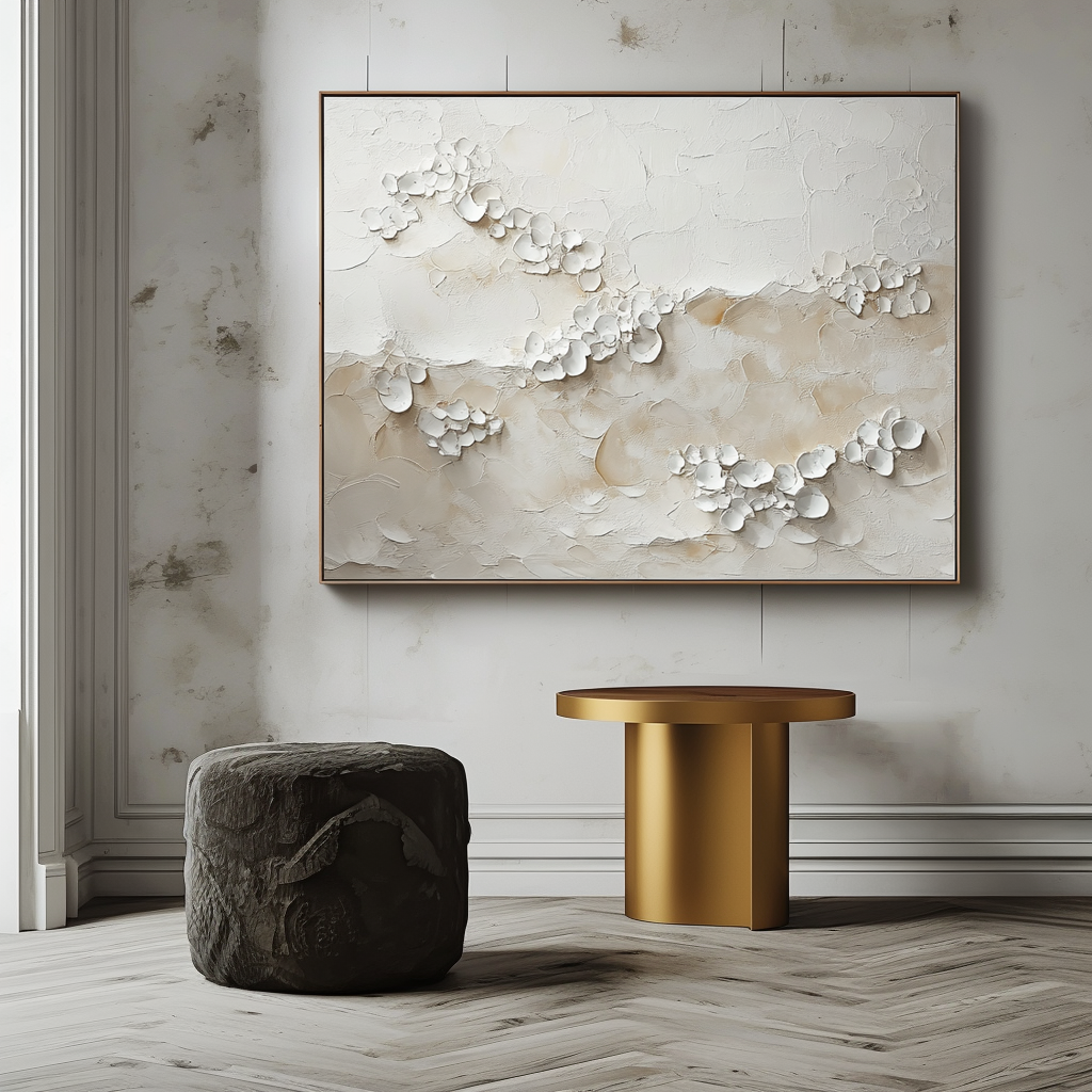 3D flower abstract painting with white textured petals on neutral background