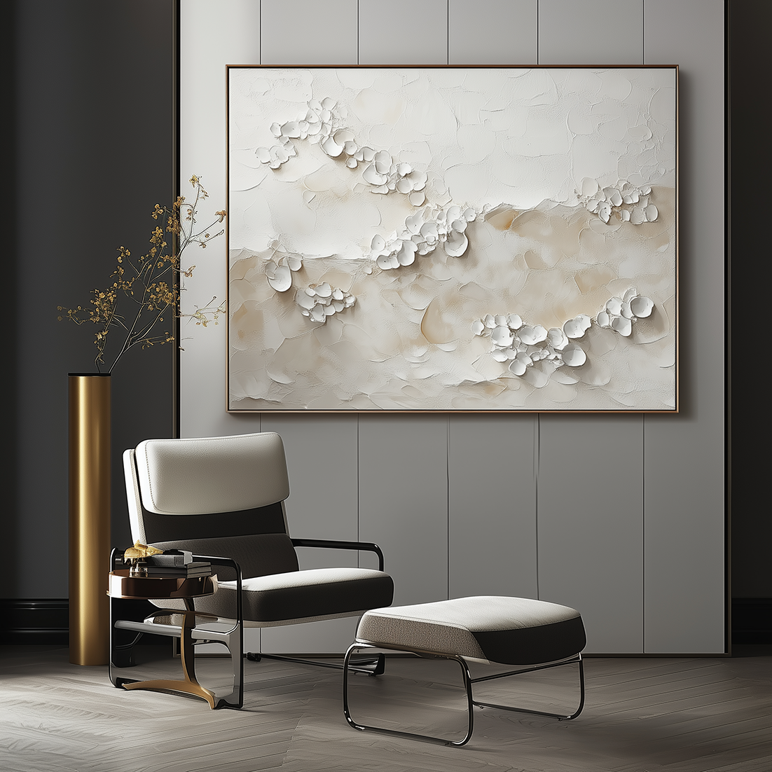 3D flower abstract painting with white textured petals on neutral background