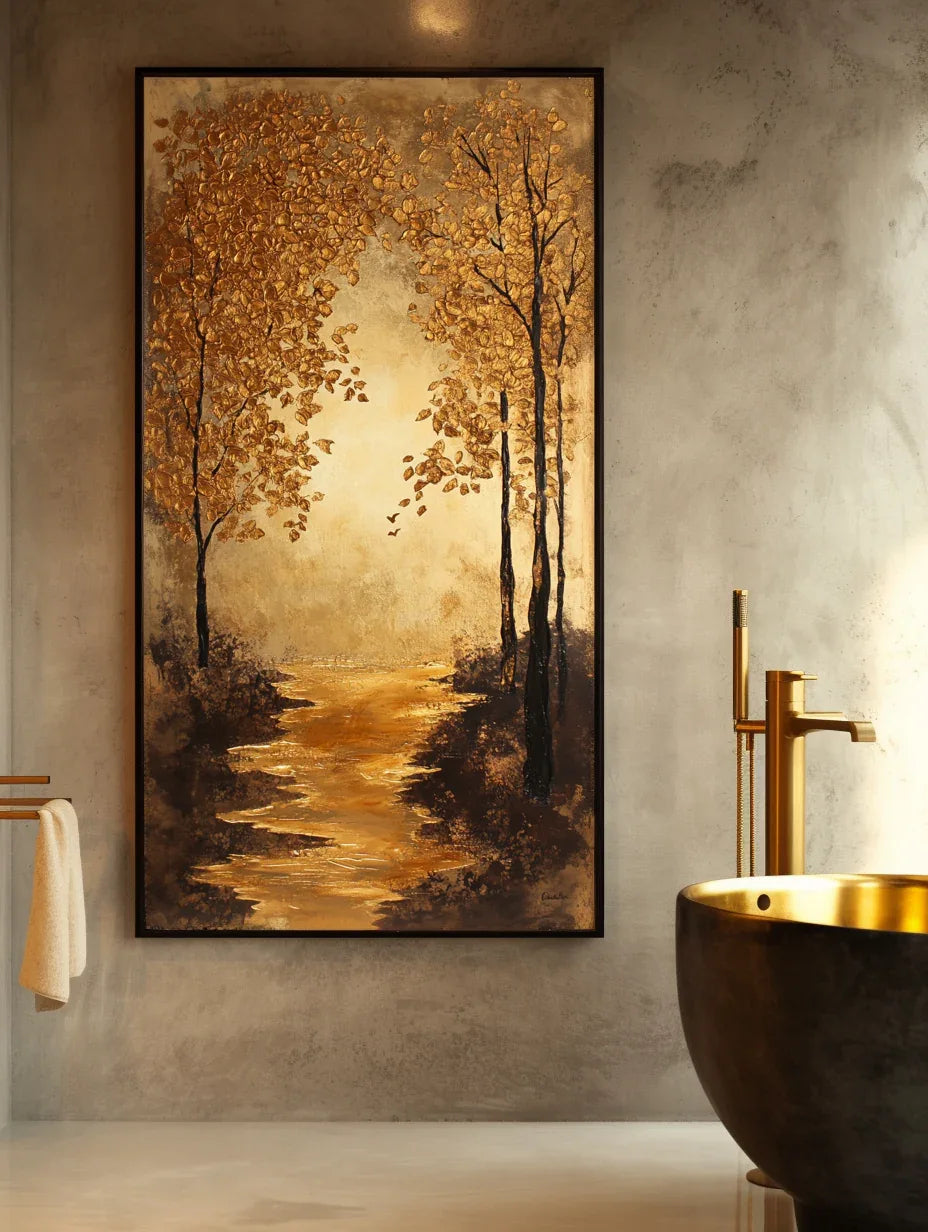 Golden Pathway - Hand-Painted Landscape Oil Painting For Home - artextured