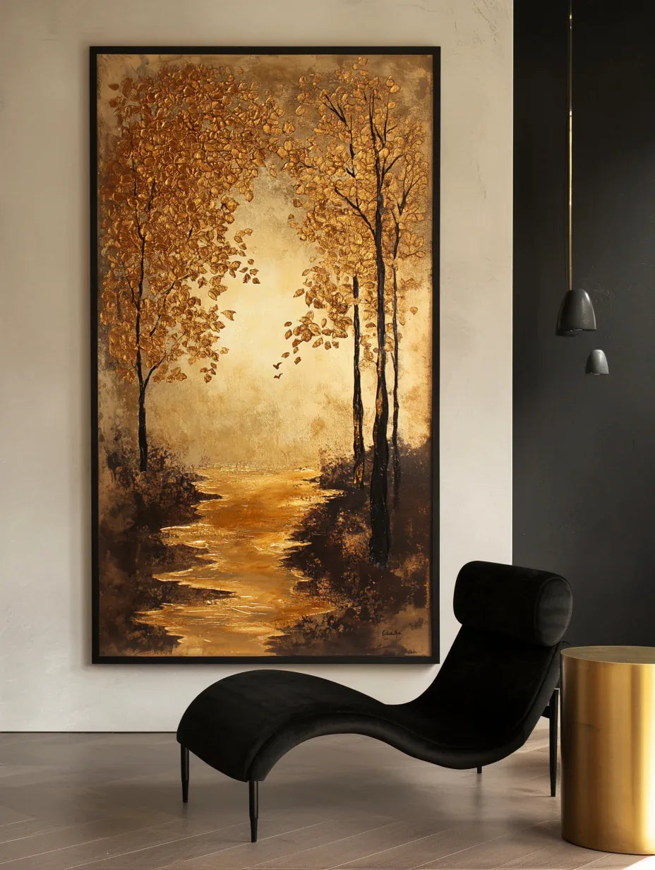 Golden Pathway - Hand-Painted Landscape Oil Painting For Home - artextured