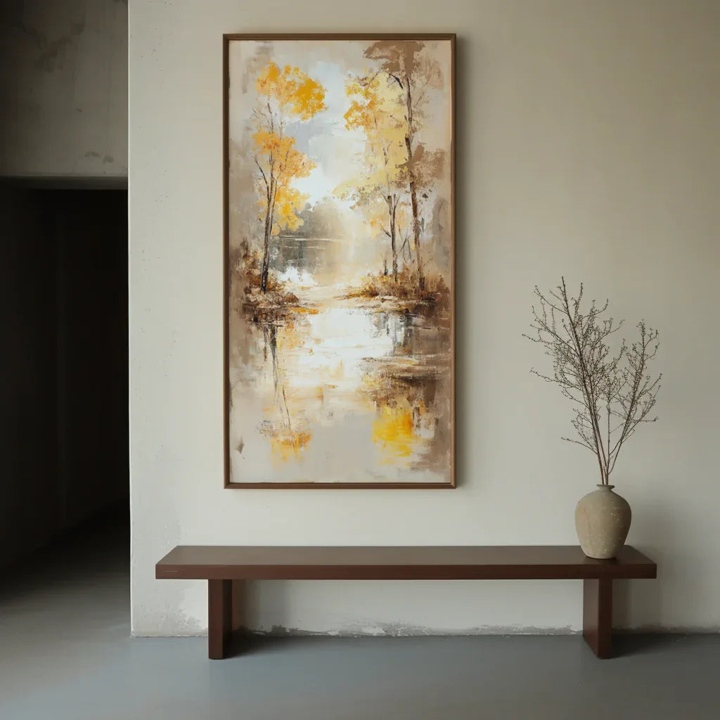 Autumn Reflection - Vertical Textured Landscape Oil Painting - artextured