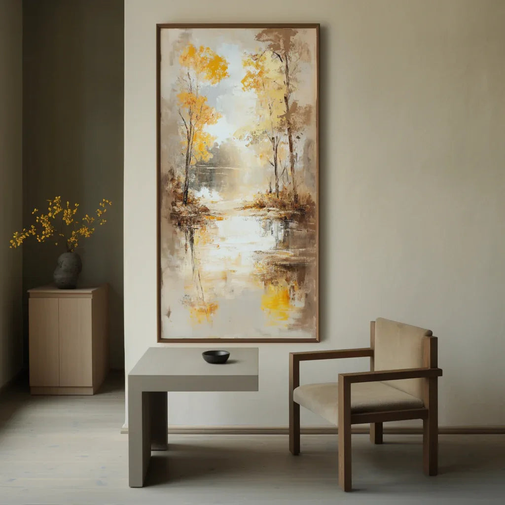 Autumn Reflection - Vertical Textured Landscape Oil Painting - artextured