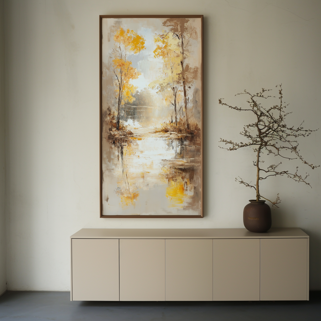 Autumn Reflection - Vertical Textured Landscape Oil Painting