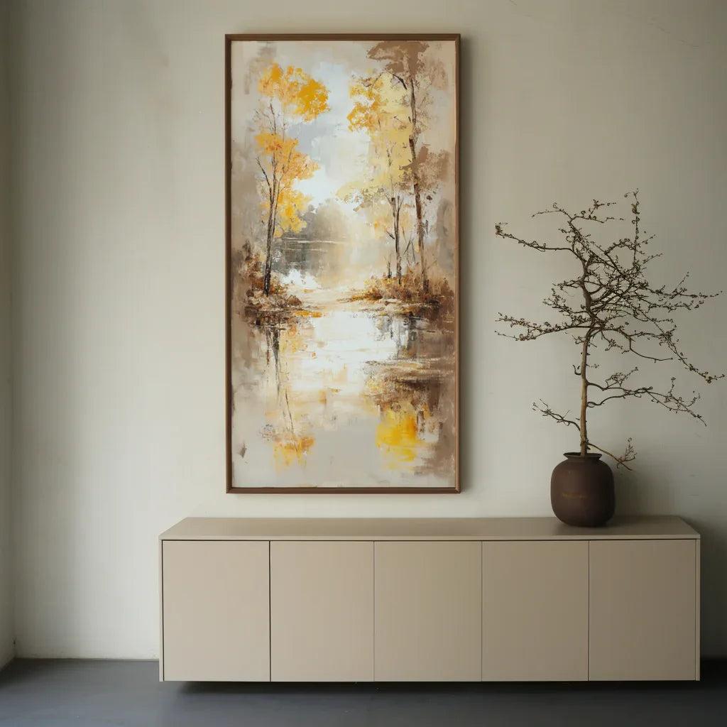 Autumn Reflection - Vertical Textured Landscape Oil Painting - artextured