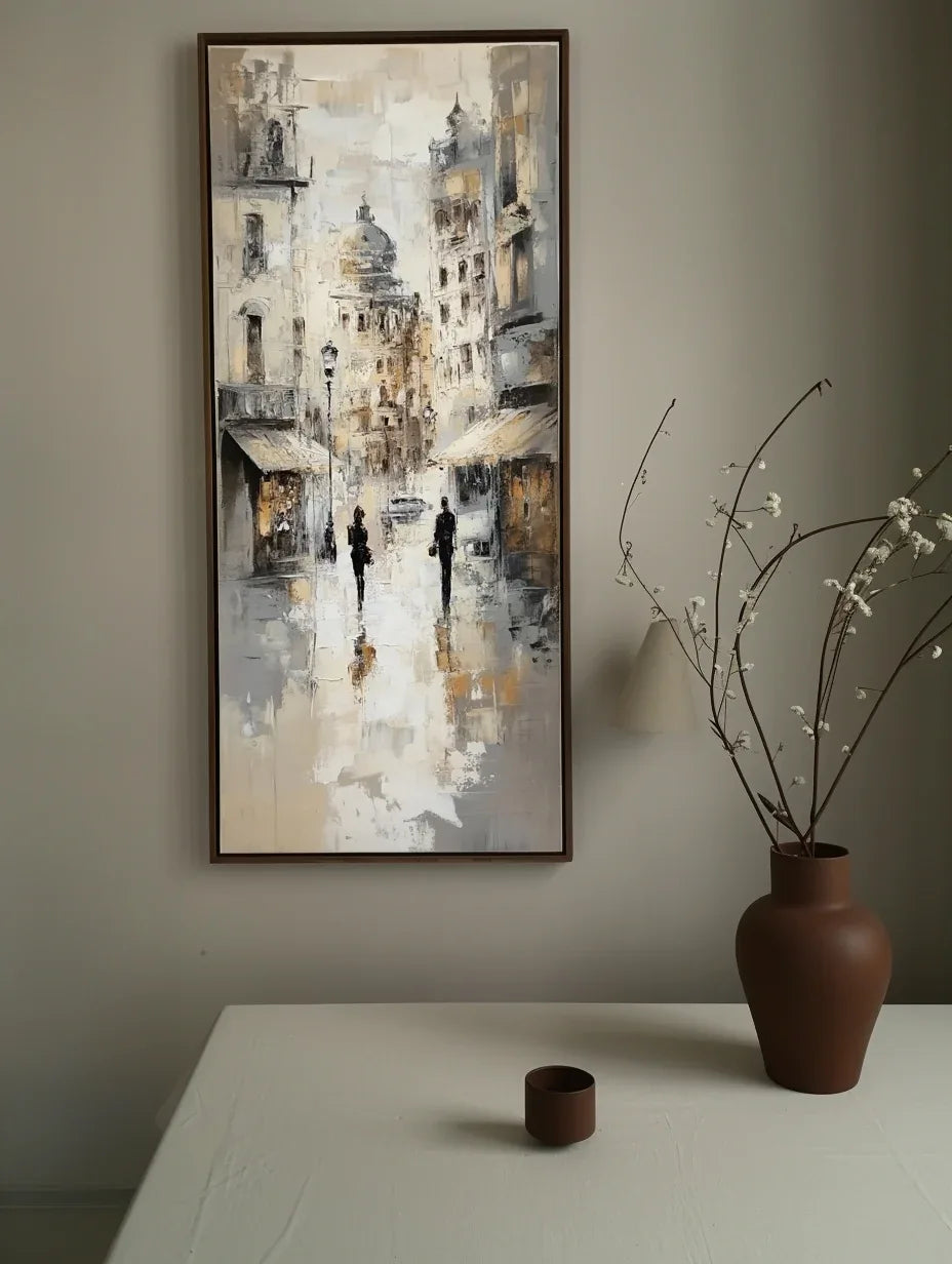 Timeless Stroll-Hand-Painted Vertical European-Style Street and Alley Cultural Wall Art - artextured