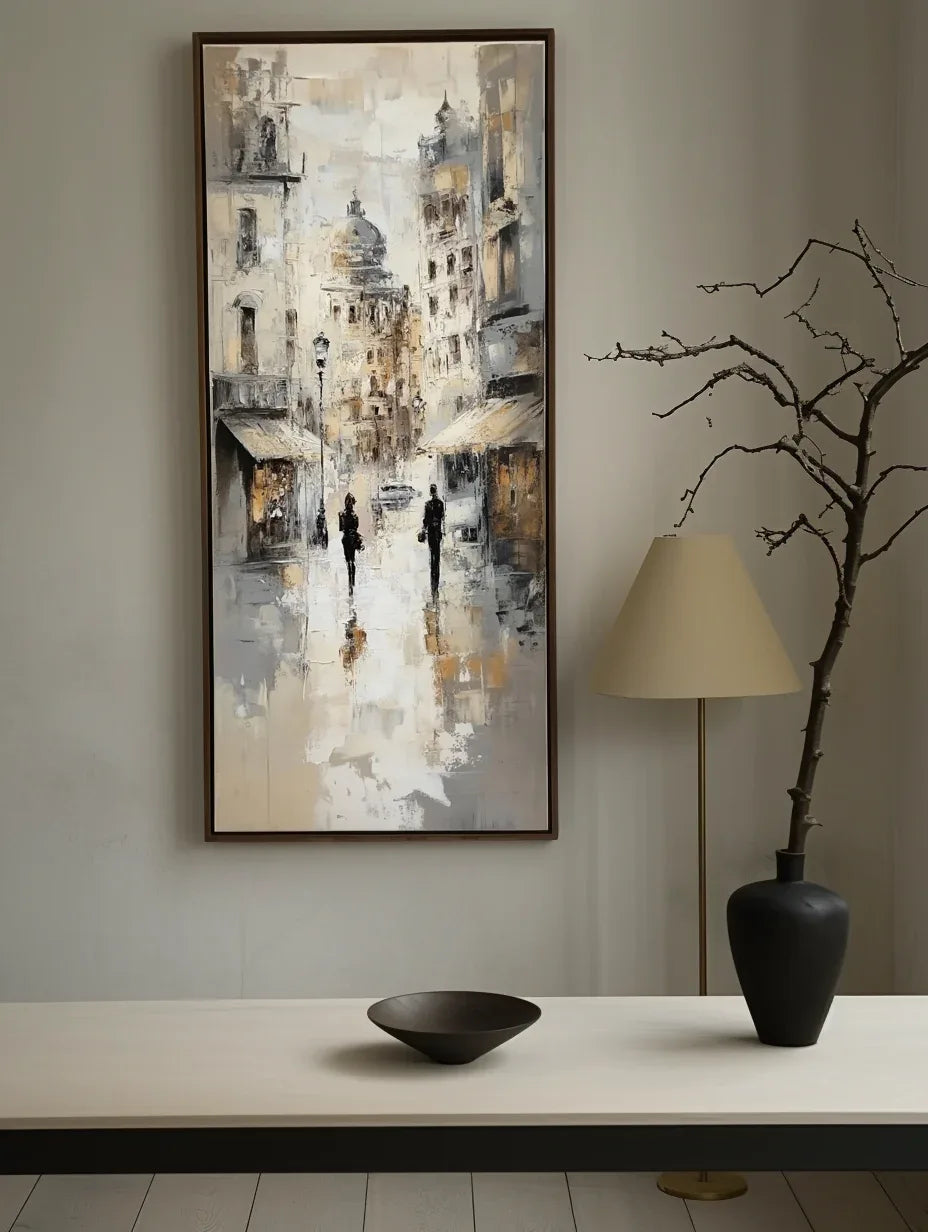 Timeless Stroll-Hand-Painted Vertical European-Style Street and Alley Cultural Wall Art - artextured