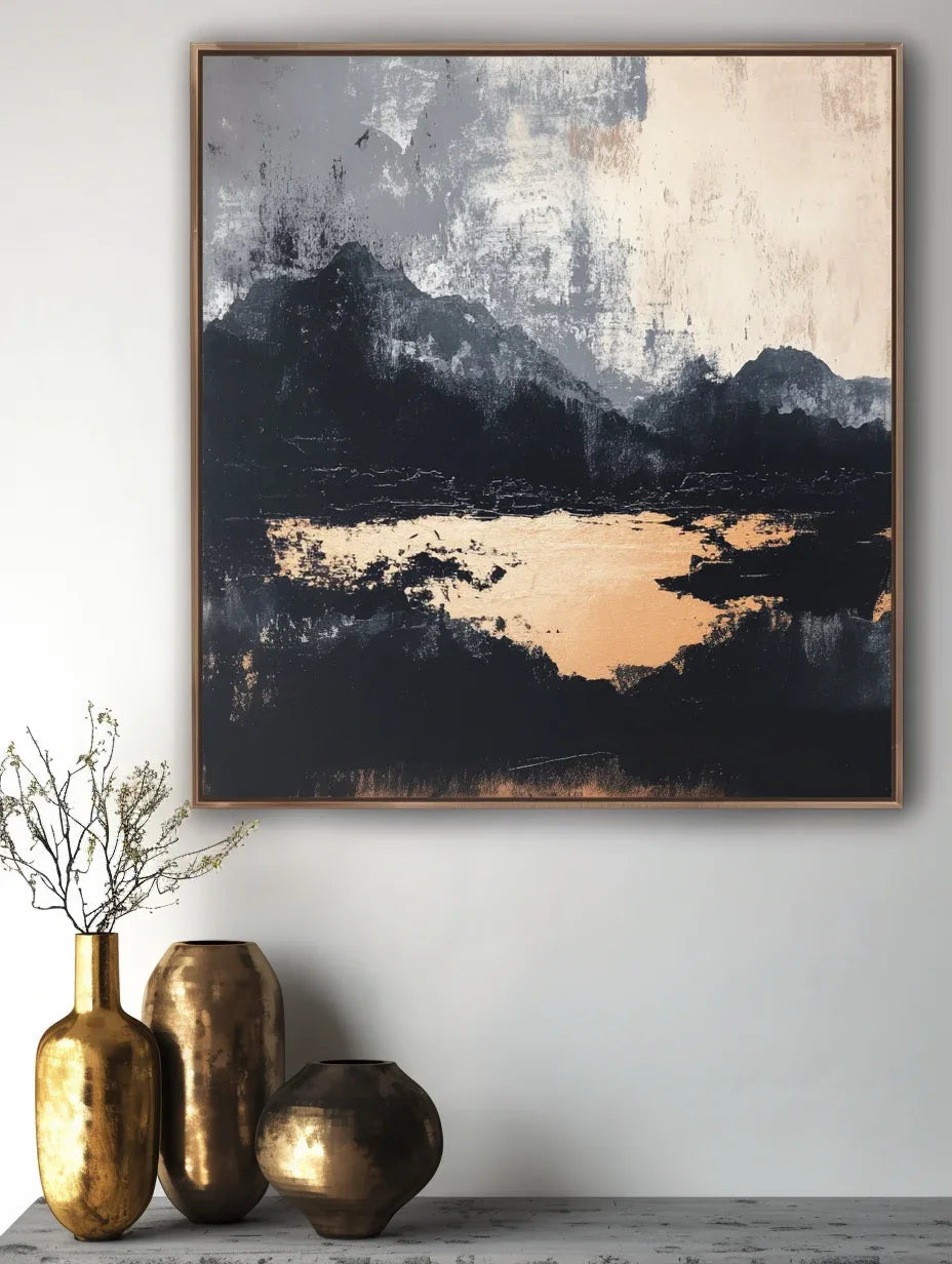 Midnight Horizon-Hand-Painted Black and Gray Abstract Ink Mountain Wall Art - artextured