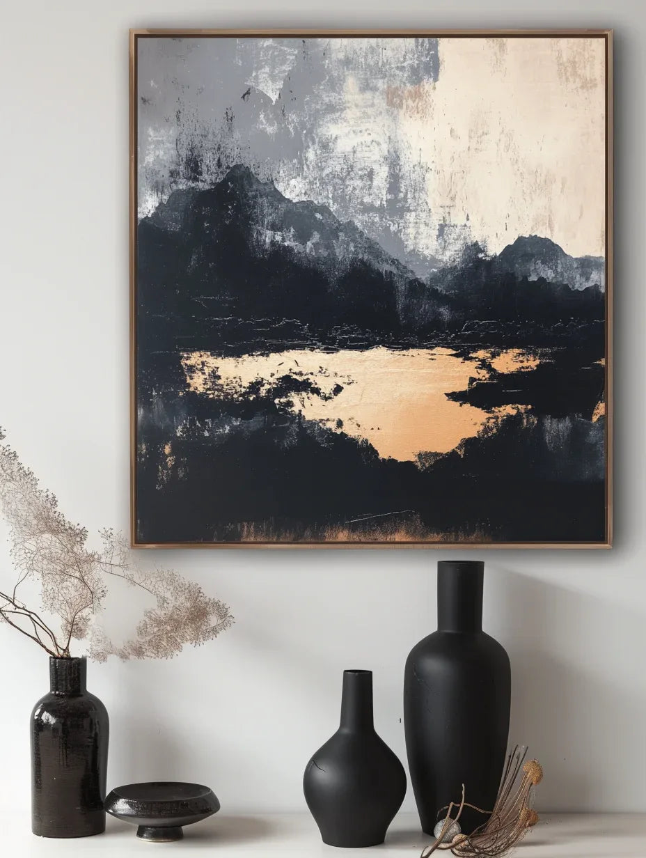 Midnight Horizon-Hand-Painted Black and Gray Abstract Ink Mountain Wall Art - artextured
