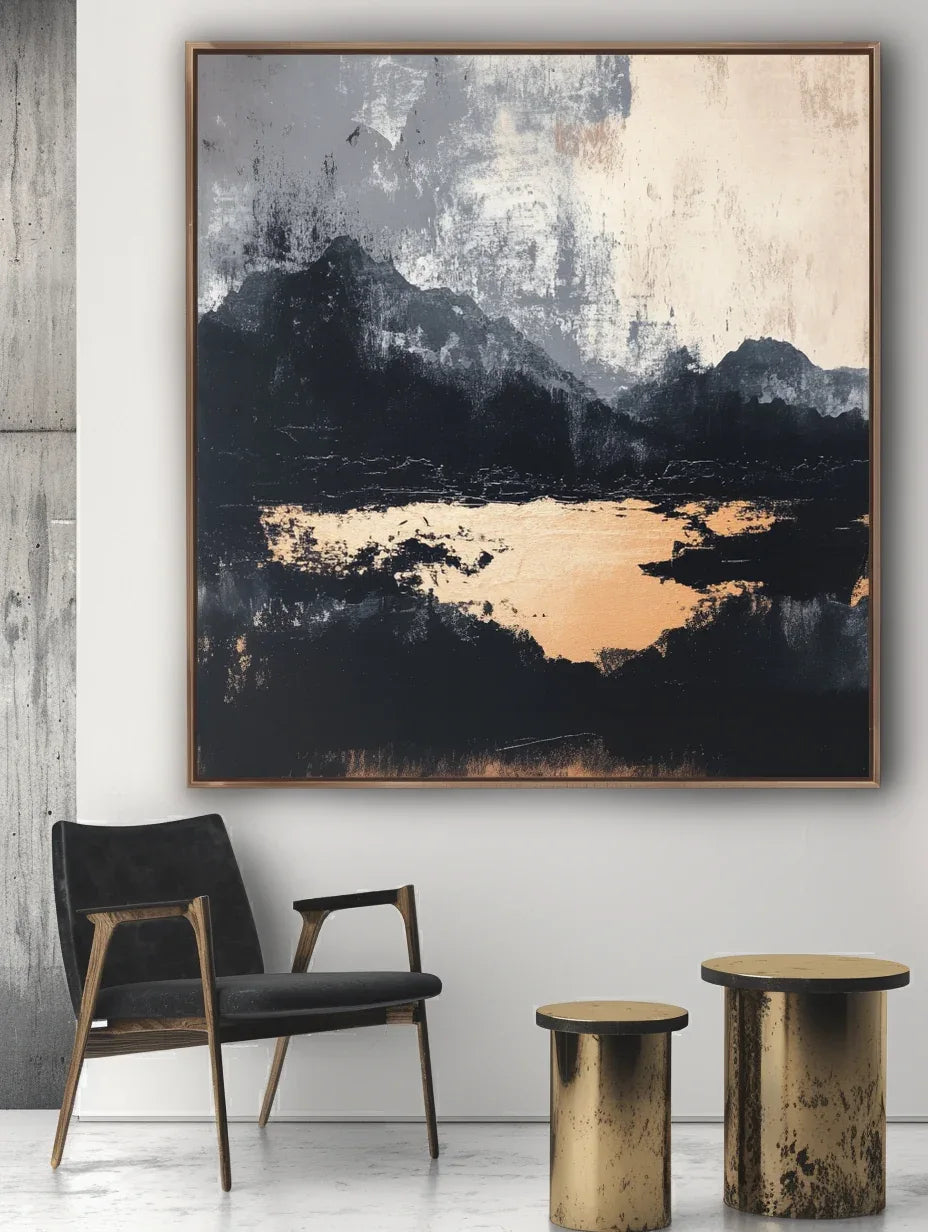 Midnight Horizon-Hand-Painted Black and Gray Abstract Ink Mountain Wall Art - artextured