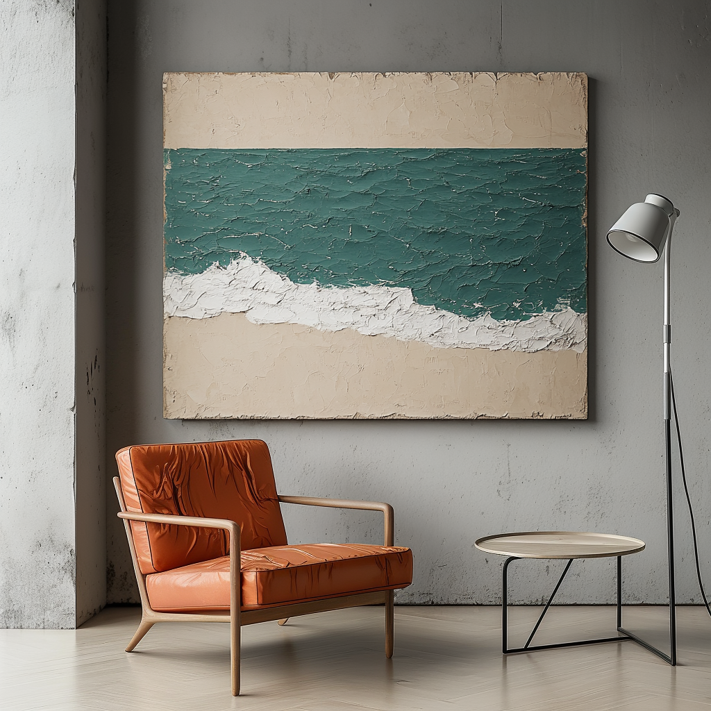 Ocean wall art with textured teal waves, sandy beach, and white foamy shore