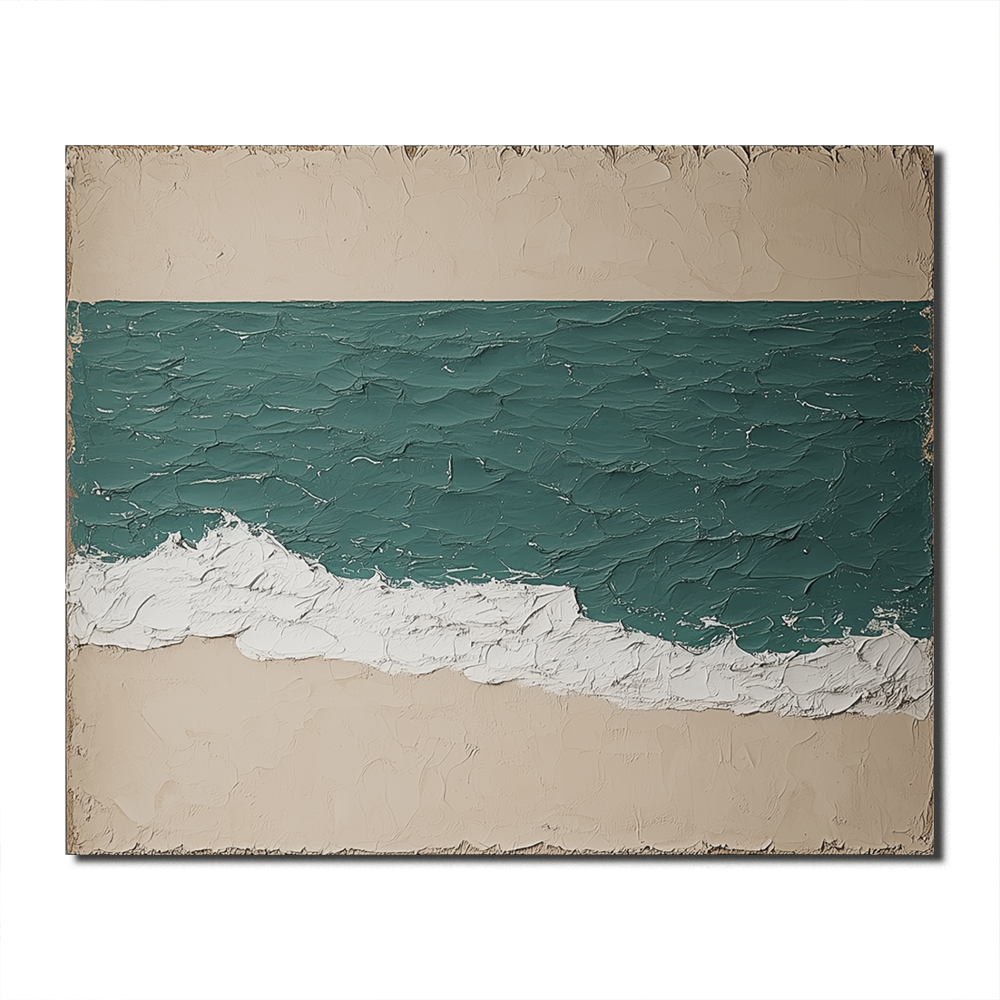 Ocean wall art with textured teal waves, sandy beach, and white foamy shore