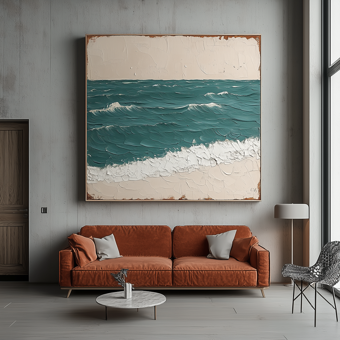 Coastal wall décor with textured teal ocean waves and sandy beige beach