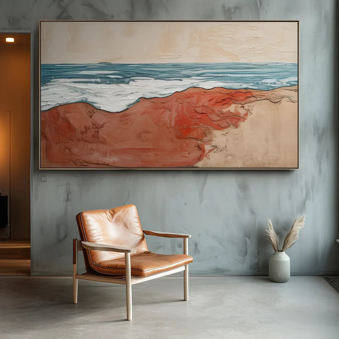 Crimson Shoreline – Abstract Warm Shore Blue Wave oil Painting Wall Art - artextured