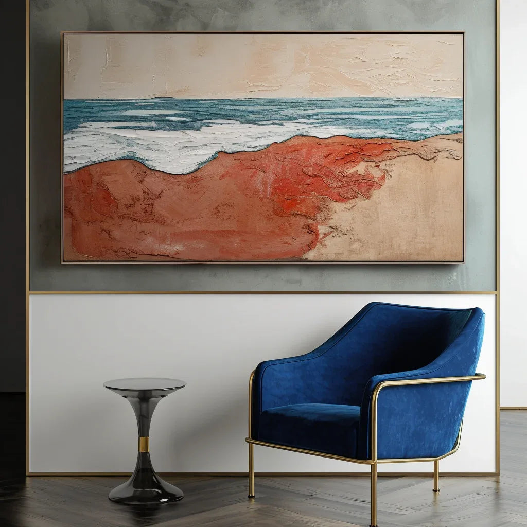 Crimson Shoreline – Abstract Warm Shore Blue Wave oil Painting Wall Art - artextured