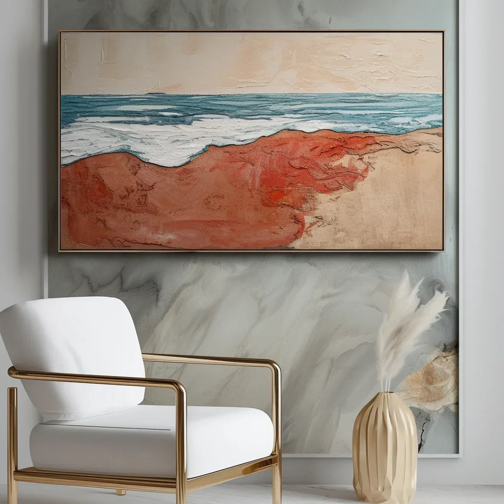 Crimson Shoreline – Abstract Warm Shore Blue Wave oil Painting Wall Art - artextured