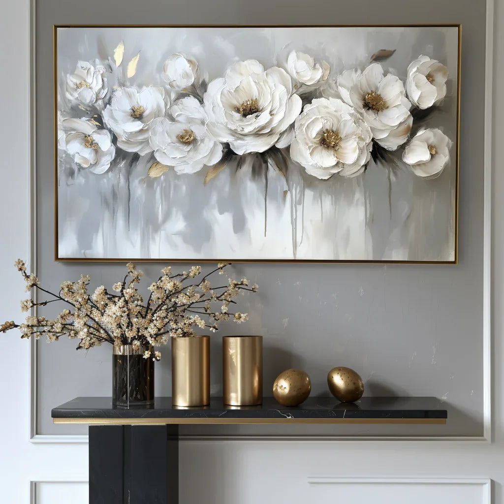 Ethereal Blossoms-Modern Hand-Painted White Rose Textured Wall Art - artextured