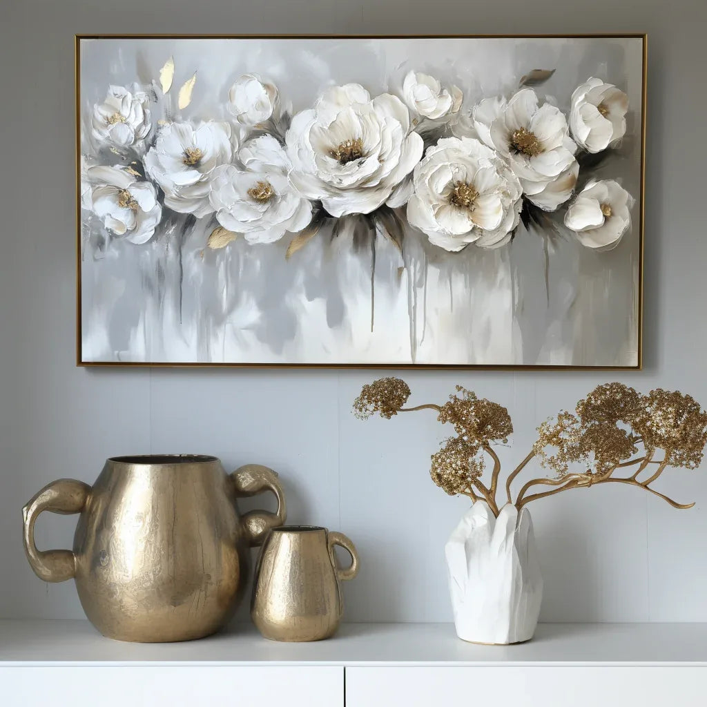 Ethereal Blossoms-Modern Hand-Painted White Rose Textured Wall Art - artextured