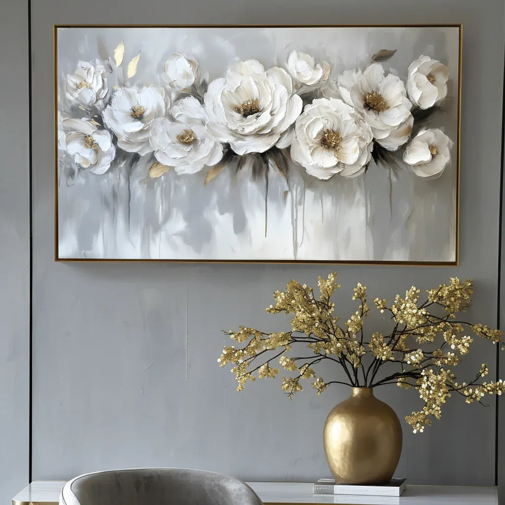 Ethereal Blossoms-Modern Hand-Painted White Rose Textured Wall Art - artextured