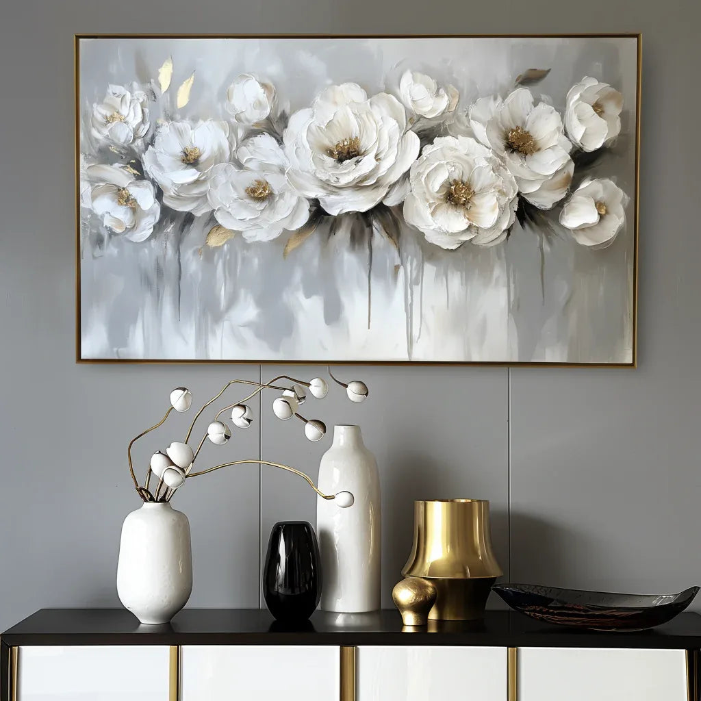 Ethereal Blossoms-Modern Hand-Painted White Rose Textured Wall Art - artextured