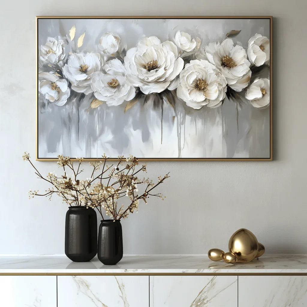 Ethereal Blossoms-Modern Hand-Painted White Rose Textured Wall Art - artextured