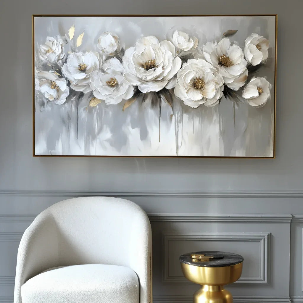 Ethereal Blossoms-Modern Hand-Painted White Rose Textured Wall Art - artextured