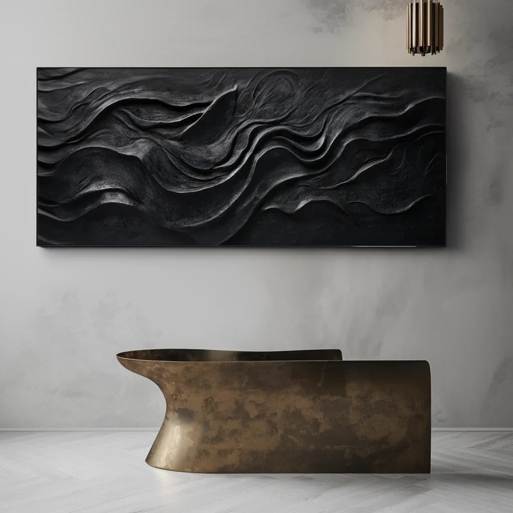 Midnight Flow – Modern Minimalist Pure Black Ripple Texture Wabi Sabi Wall Art - artextured