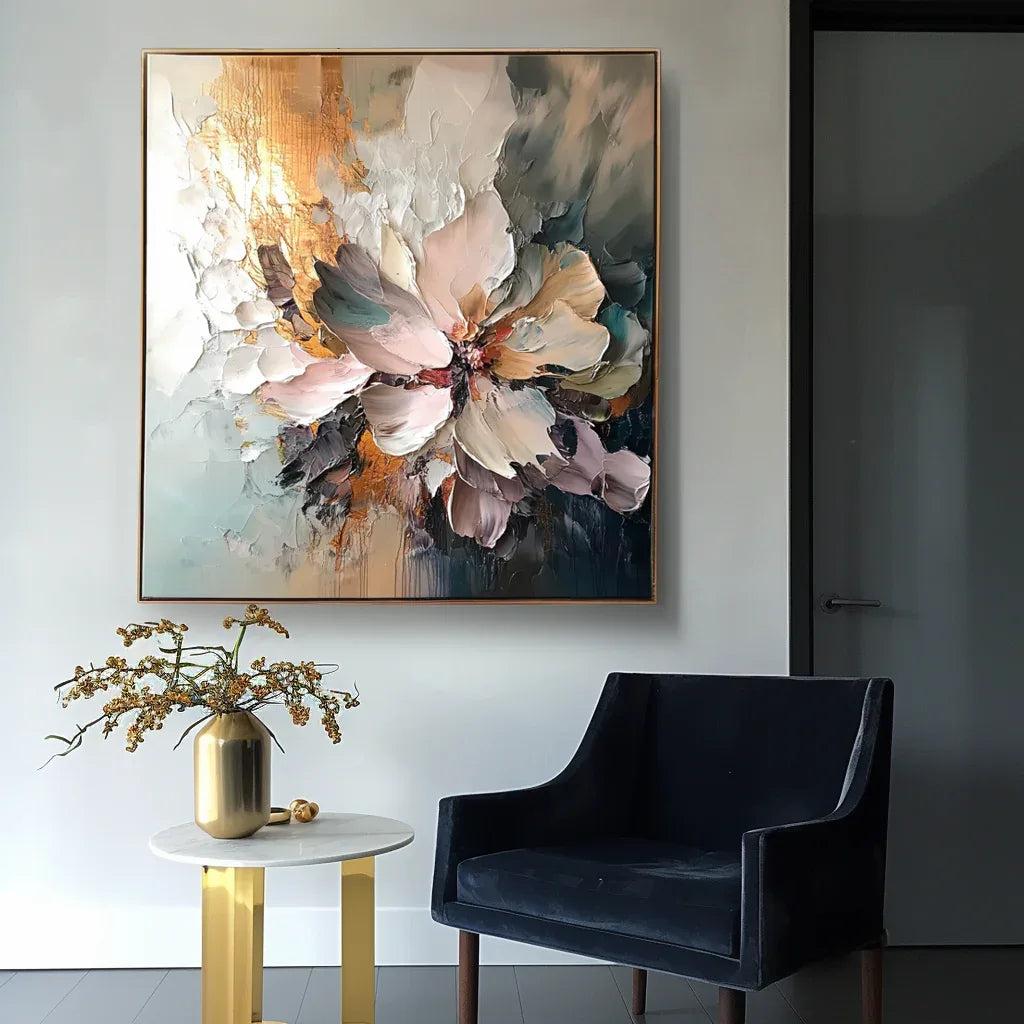 Radiant Bloom - Hand Drawn Thick Painted Floral Wall Art in Modern Interior Design - artextured