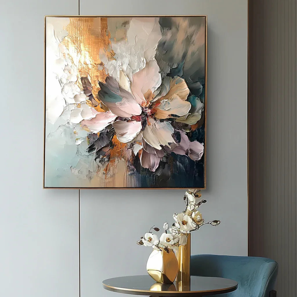 Radiant Bloom - Hand Drawn Thick Painted Floral Wall Art in Modern Interior Design - artextured