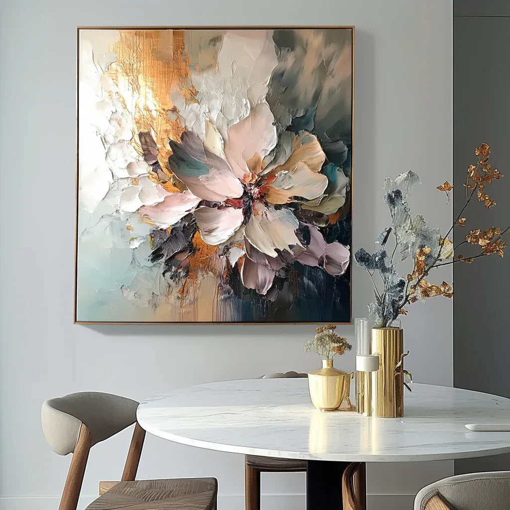 Radiant Bloom - Hand Drawn Thick Painted Floral Wall Art in Modern Interior Design - artextured