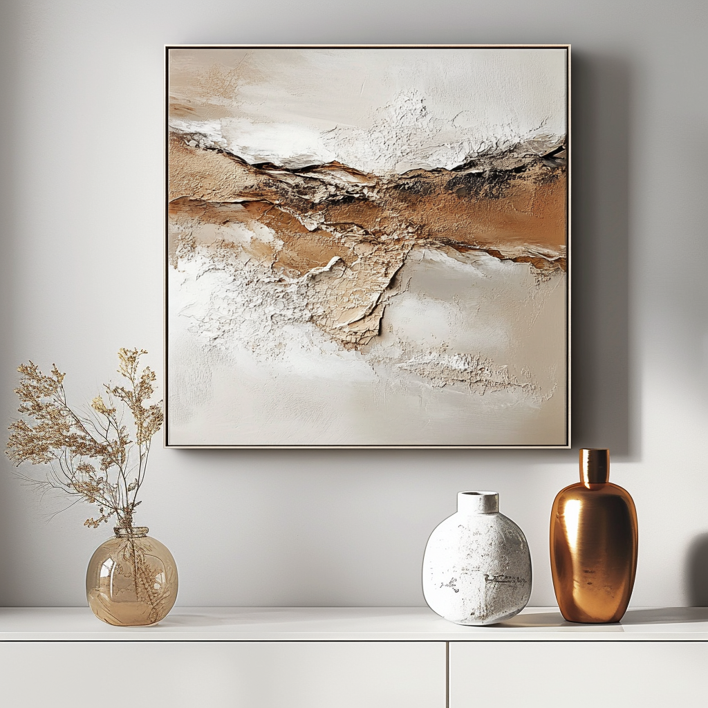 Minimalist abstract painting with earthy textures and soft beige, brown, and white tones.
