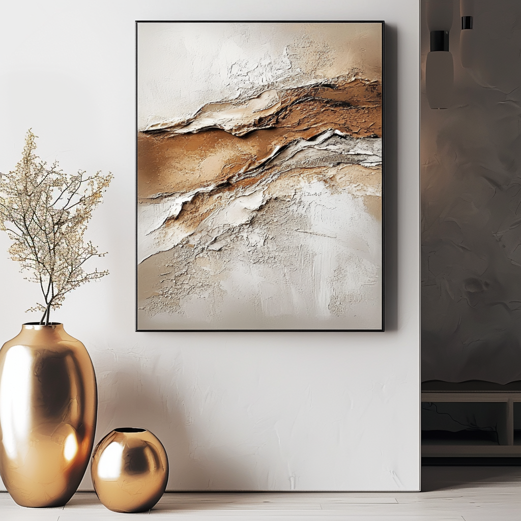 Textured abstract painting with earthy tones of beige, brown, and white.