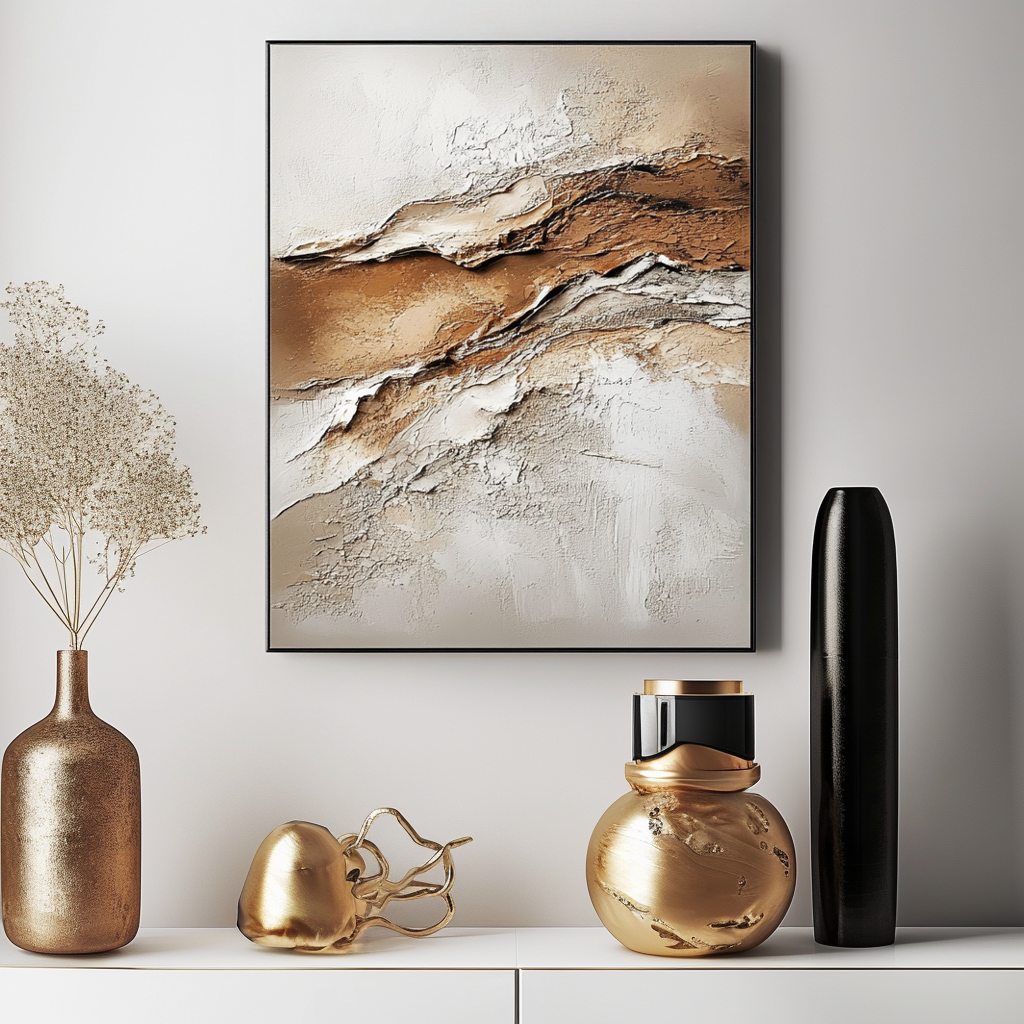 Textured abstract painting with earthy tones of beige, brown, and white.