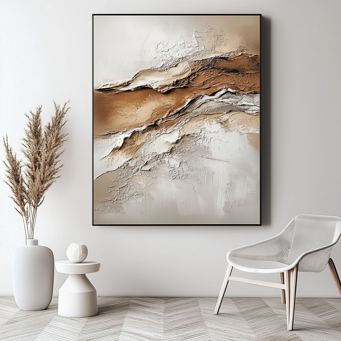 Textured abstract painting with earthy tones of beige, brown, and white.