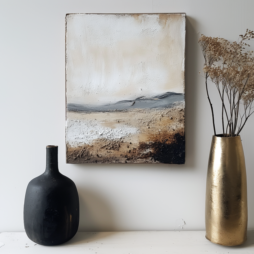 Textured nature art with abstract landscape in beige, gray, and black tones.