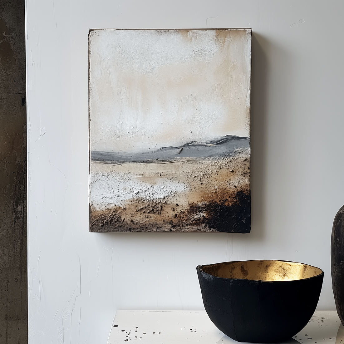 Textured nature art with abstract landscape in beige, gray, and black tones.